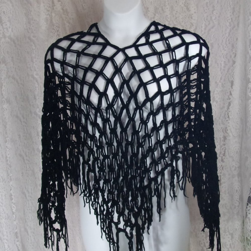Open Weave Black Chenille Poncho NWOT